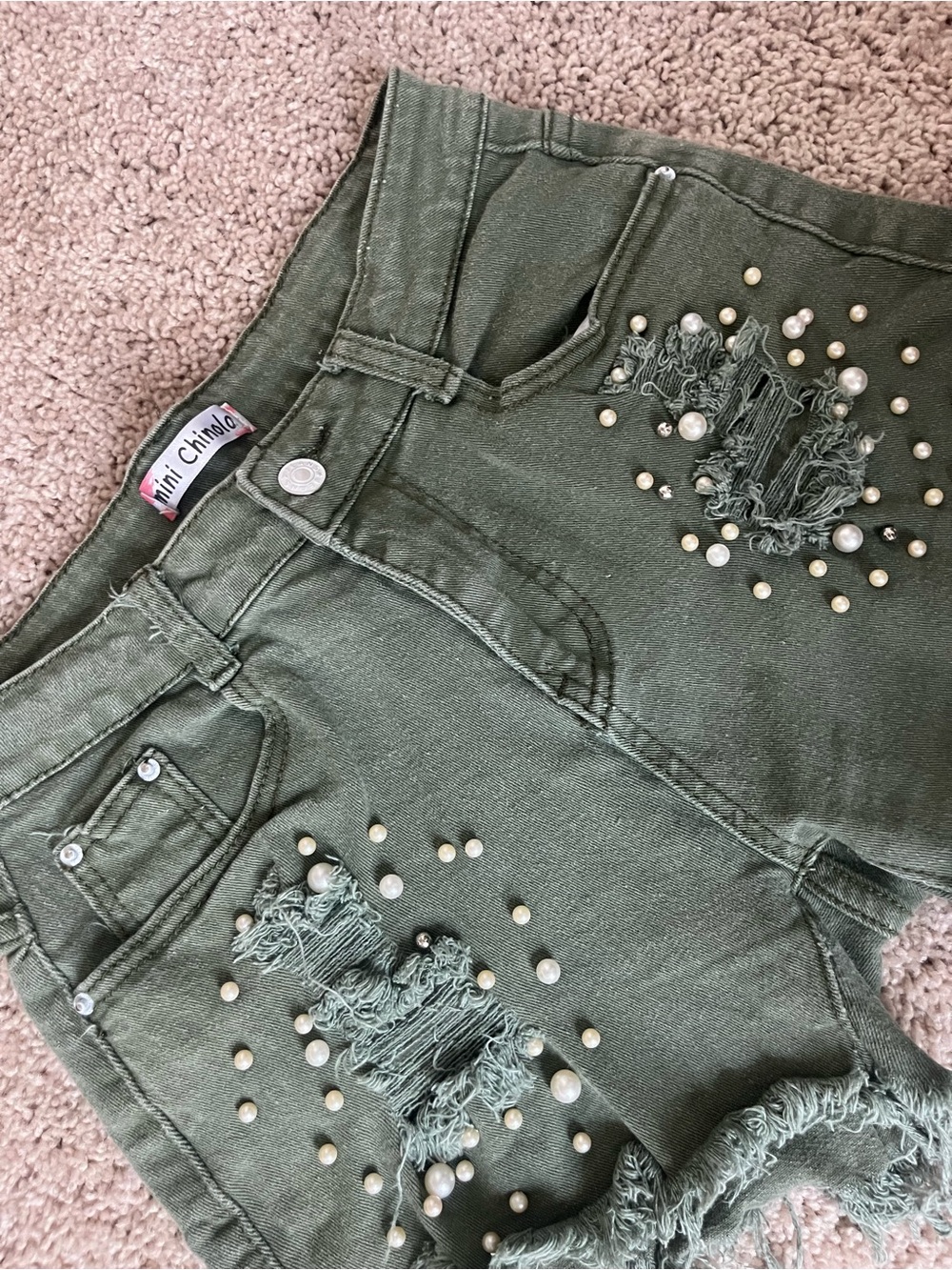 High-Waist Olive Green Pearl-Embellished Womens Shorts